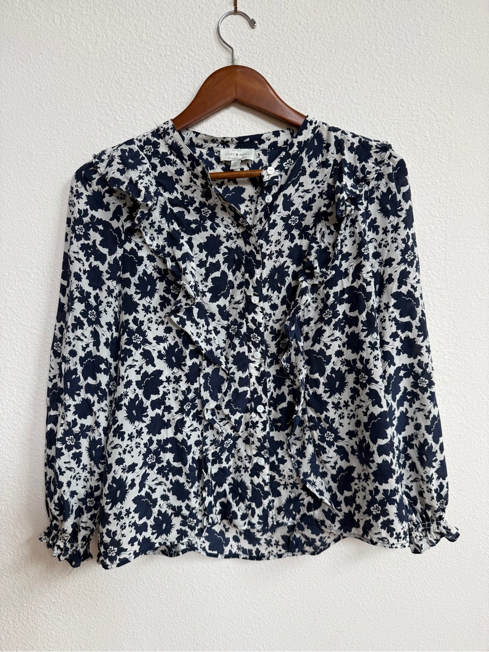 Lucky Brand Navy & White Floral Ruffle Button Blouse
